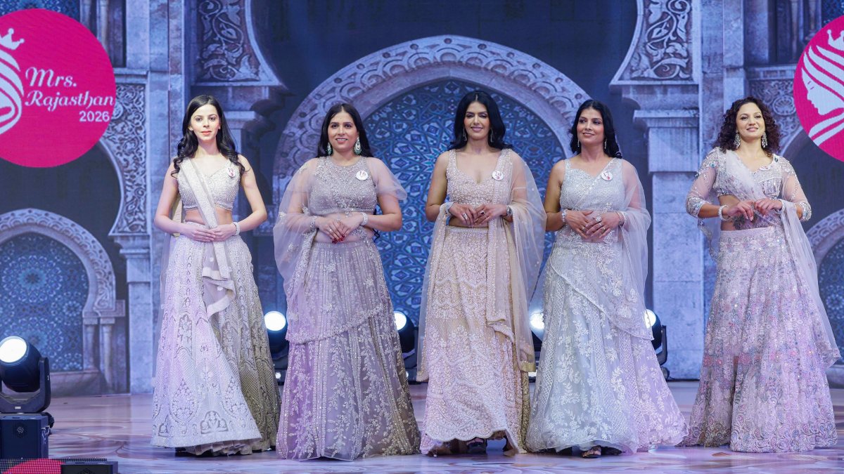 Finalists walk the ramp at Mrs Rajasthan 2026 event in Jaipur