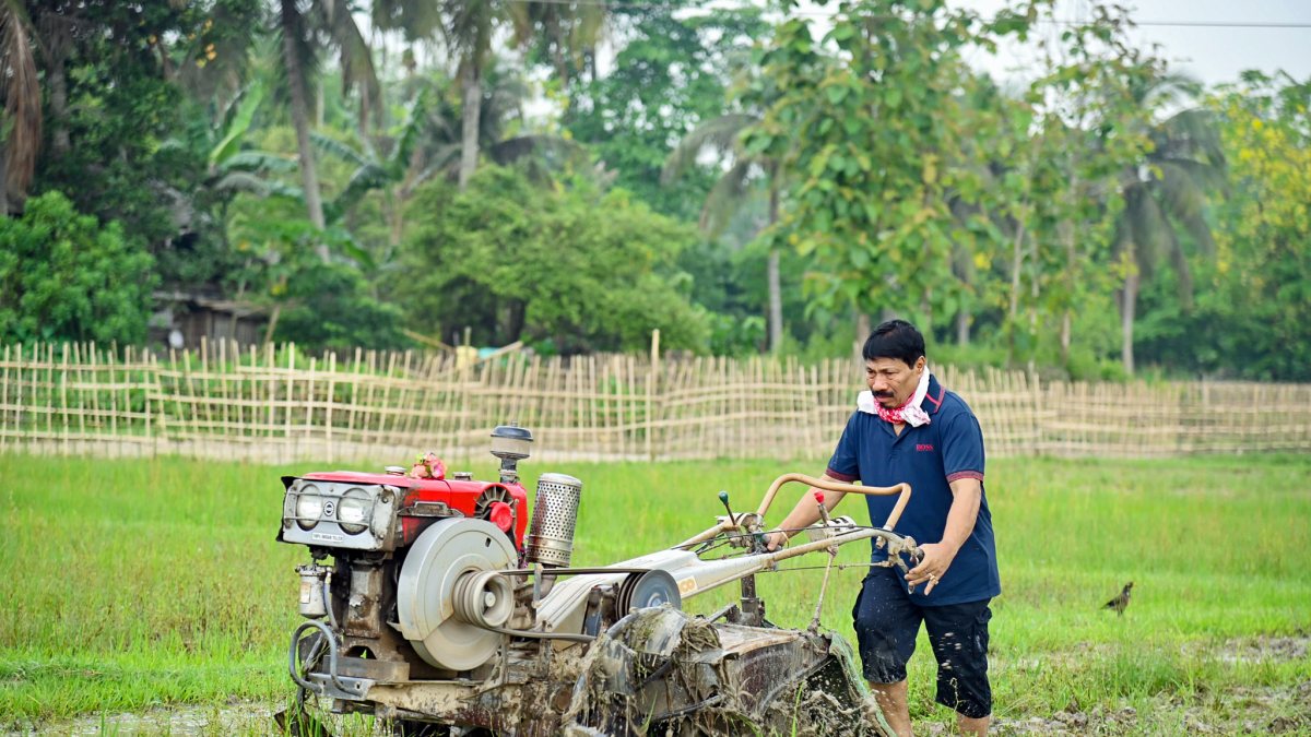 Assam minister Atul Bora operates power tiller in paddy field