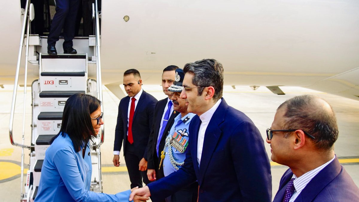 Venezuelan acting president Delcy Rodriguez arrives in New Delhi