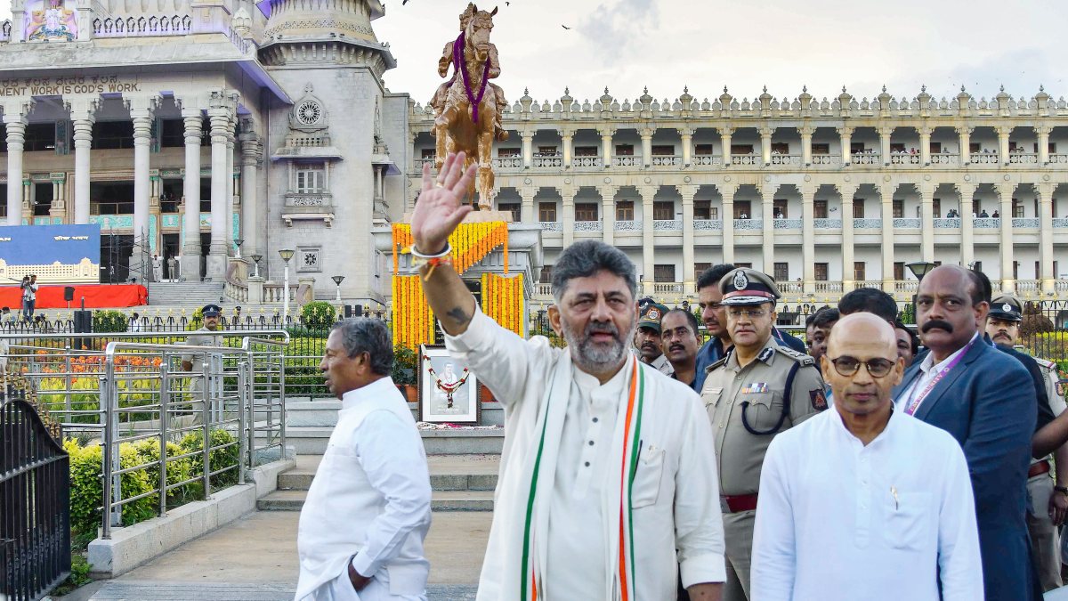Newly sworn-in Karnataka Chief Minister DK Shivakumar, along with newly…