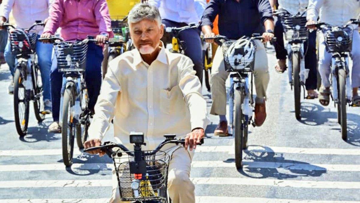 Andhra Pradesh Chief Minister N. Chandrababu Naidu leads a bicycle rally on the…