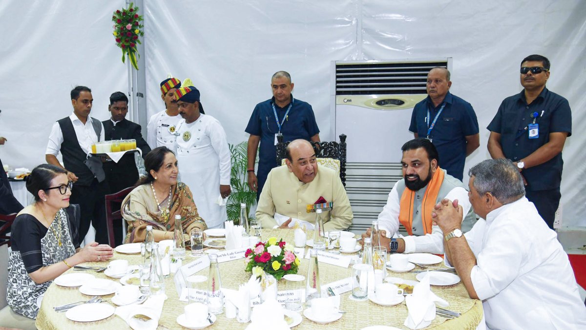 Bihar Chief Minister Samrat Choudhary (C-R), Bihar Governor Lieutenant General…