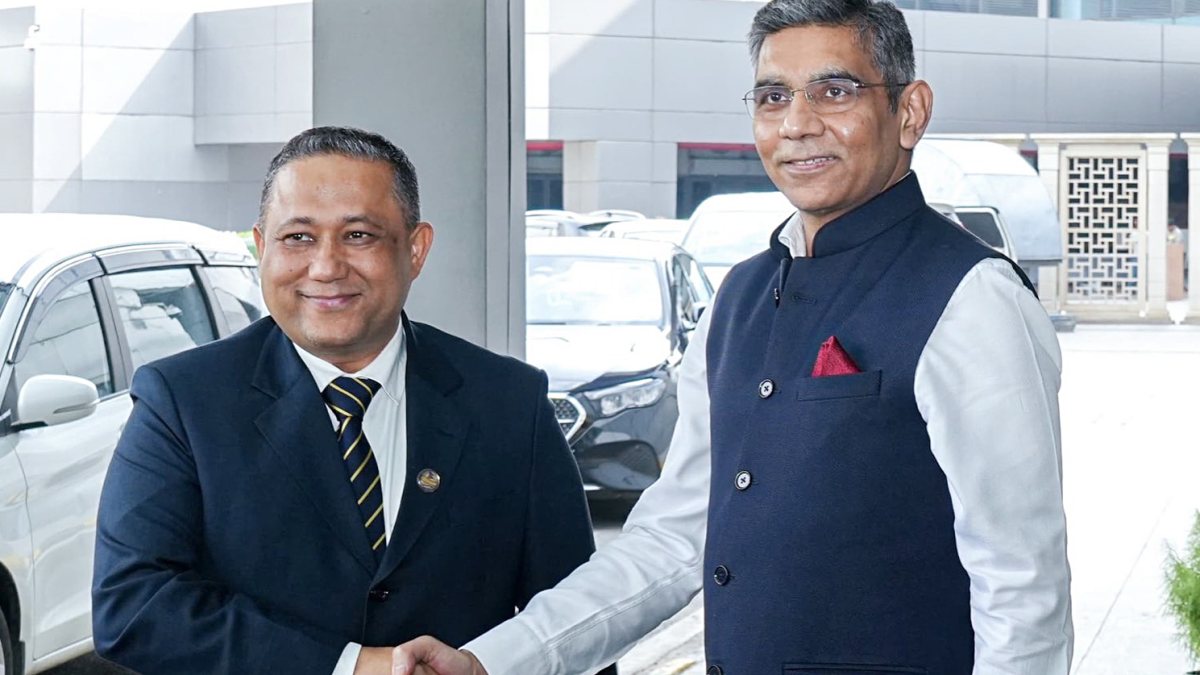 Nepal Foreign Minister Shisir Khanal receives a warm welcome as he arrives for…