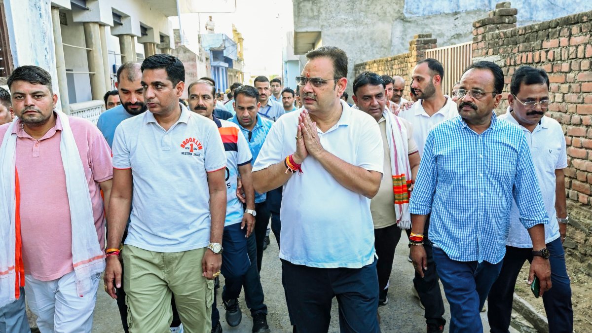 Rajasthan Chief Minister Bhajanlal Sharma during a morning visit to Lamba Gram…