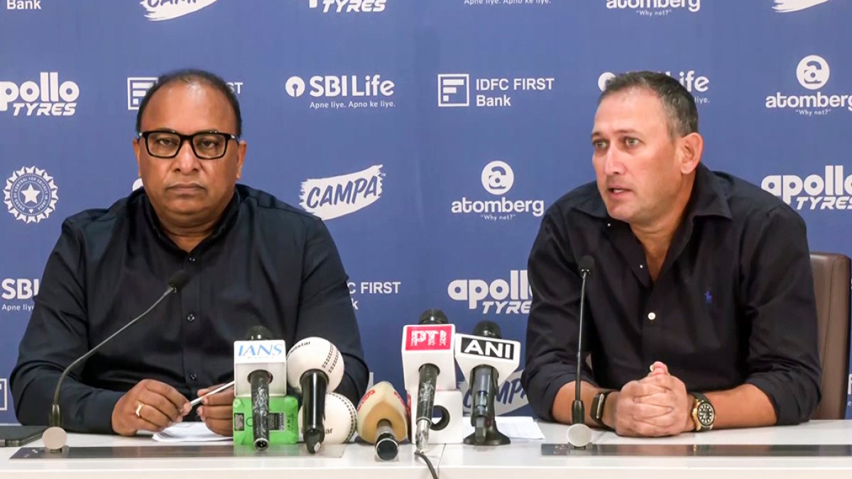 BCCI chief selector Ajit Agarkar addresses a press conference on India's New…