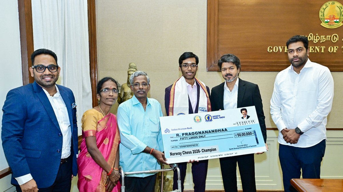 Tamil Nadu CM Vijay felicitates chess Grandmaster R Praggnanandhaa