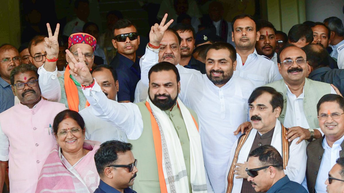 Bihar CM Samrat Choudhary flashes victory sign before council polls