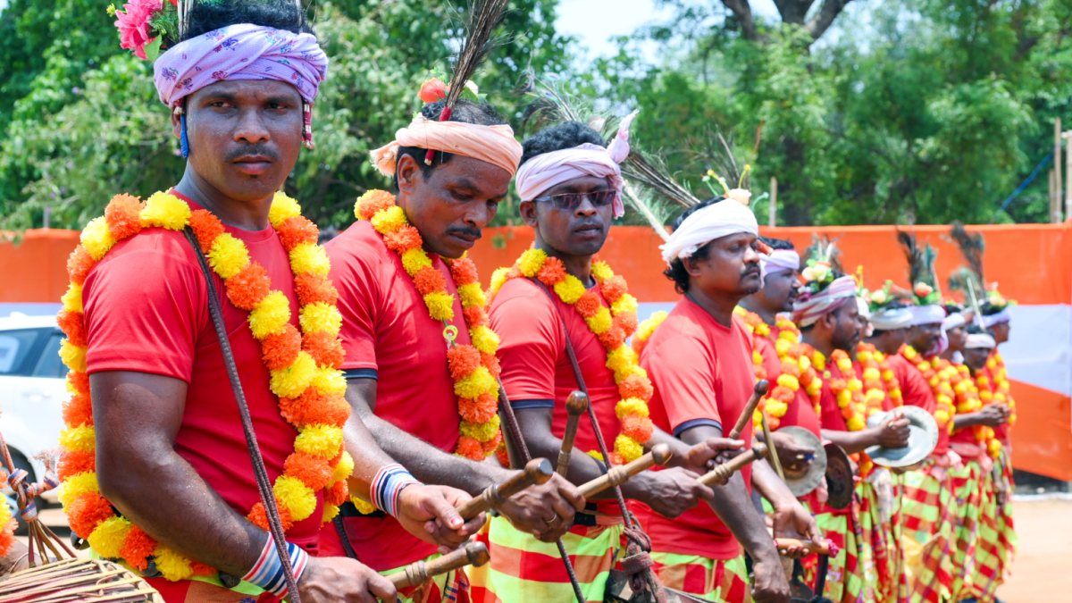 Artists perform during the foundation stone laying of various projects, in…