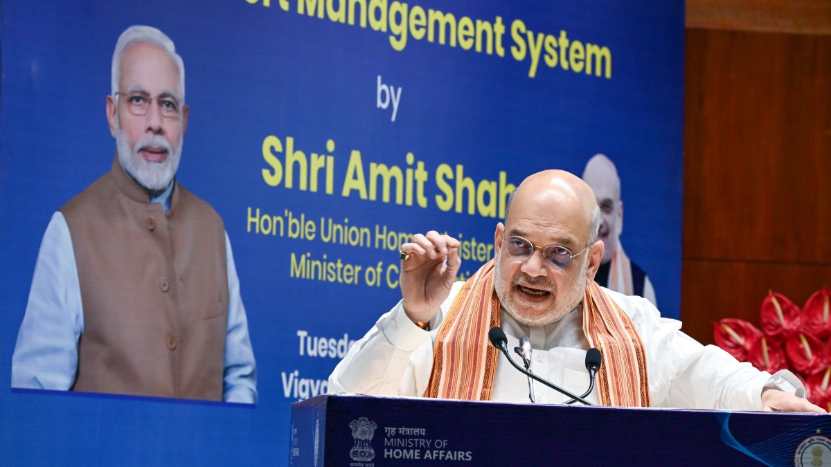 Union Home Minister and Minister of Cooperation Amit Shah speaks during the…