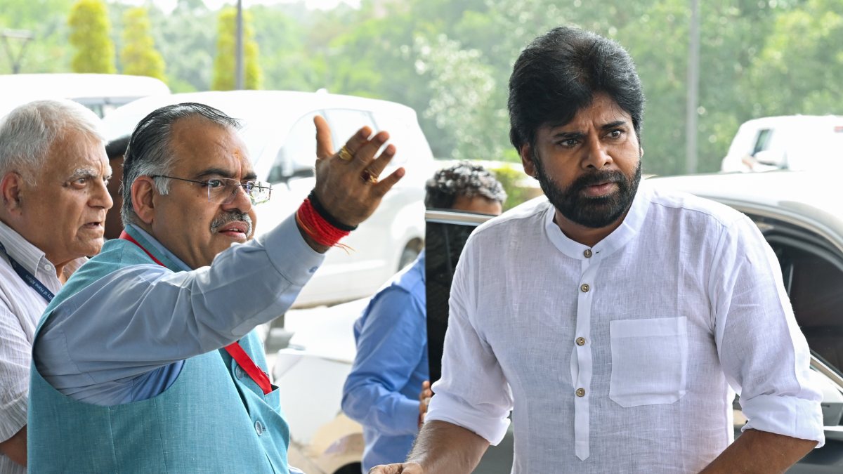 Andhra Pradesh Deputy Chief Minister Pawan Kalyan arrives to attend the NDA…