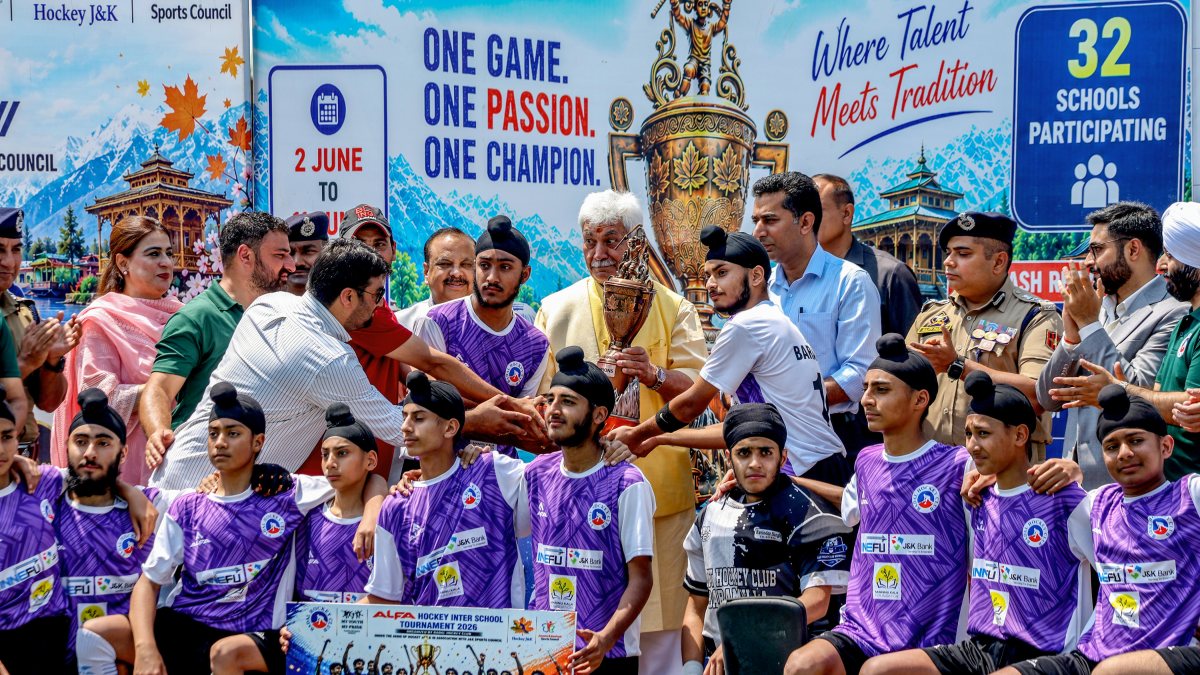 Jammu and Kashmir Lieutenant Governor Manoj Sinha in a group photograph with…