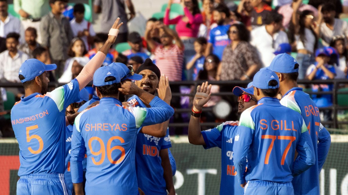 Arshdeep Singh and teammates celebrate Rahmat Shah's wicket in Dharamsala ODI