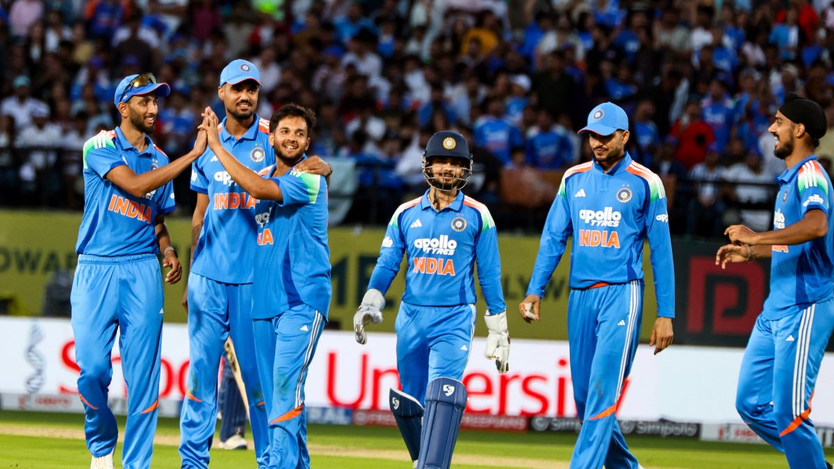 India's Harsh Dubey and teammates celebrate Shahidi's wicket in first ODI