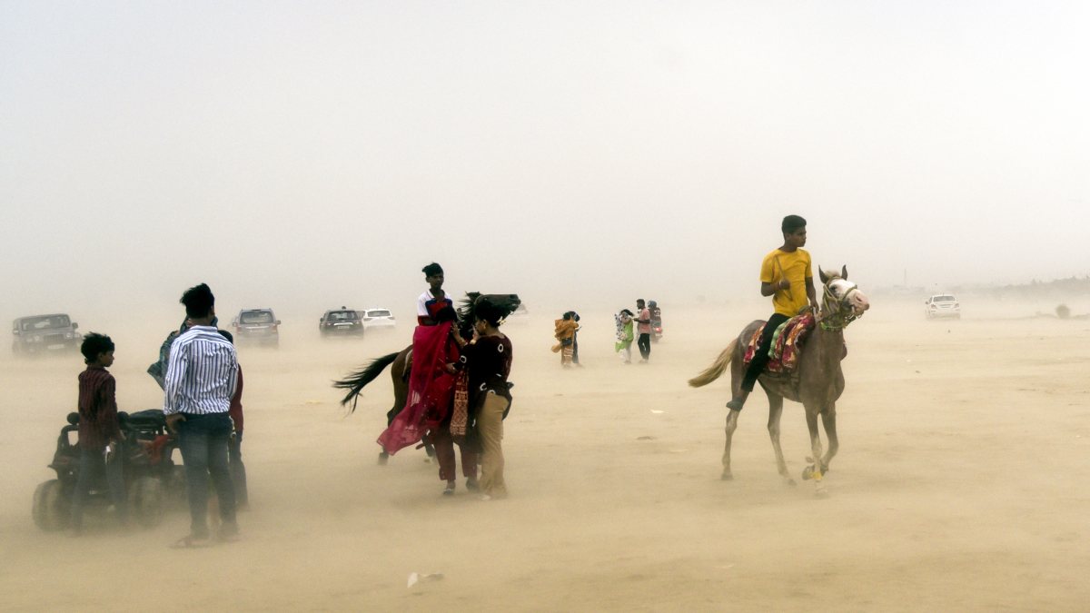 People and horses brave dust storm on Ganga riverbank in Patna