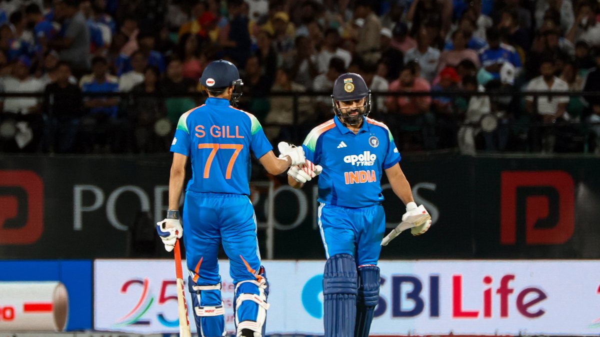 Rohit Sharma and Shubman Gill celebrate partnership in Dharamsala ODI