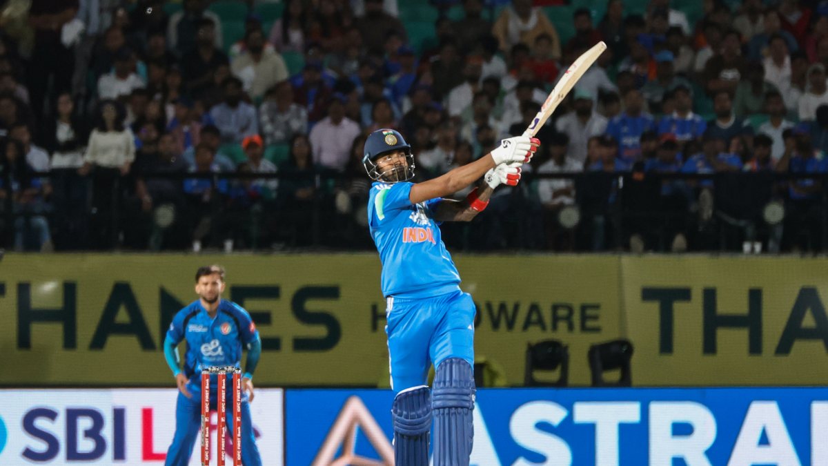 KL Rahul plays a shot during 1st ODI against Afghanistan in Dharamsala