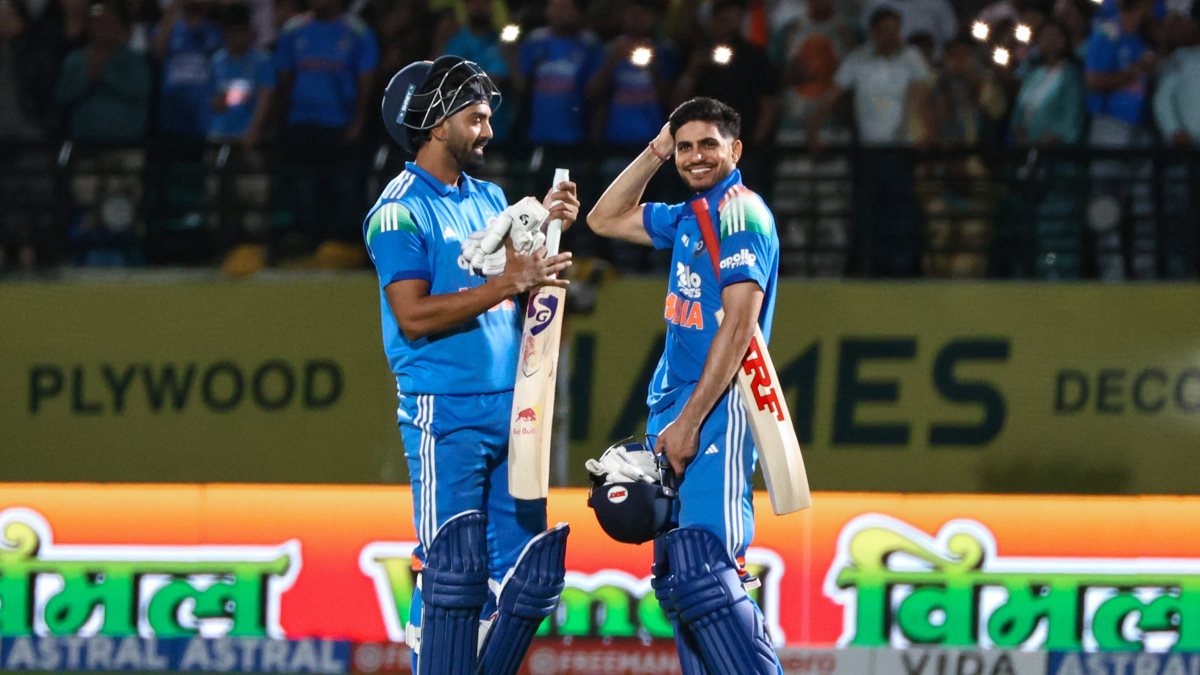 KL Rahul and Shubman Gill celebrate India's ODI win over Afghanistan