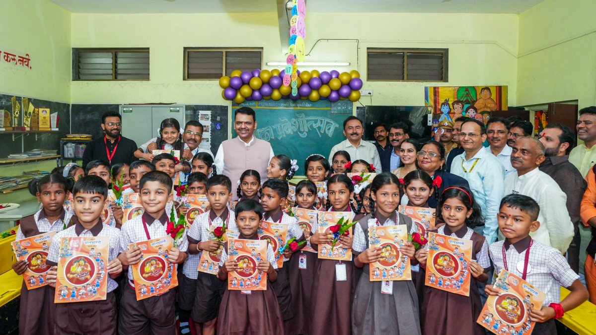 Maharashtra Chief Minister Devendra Fadnavis in a group picture with children…