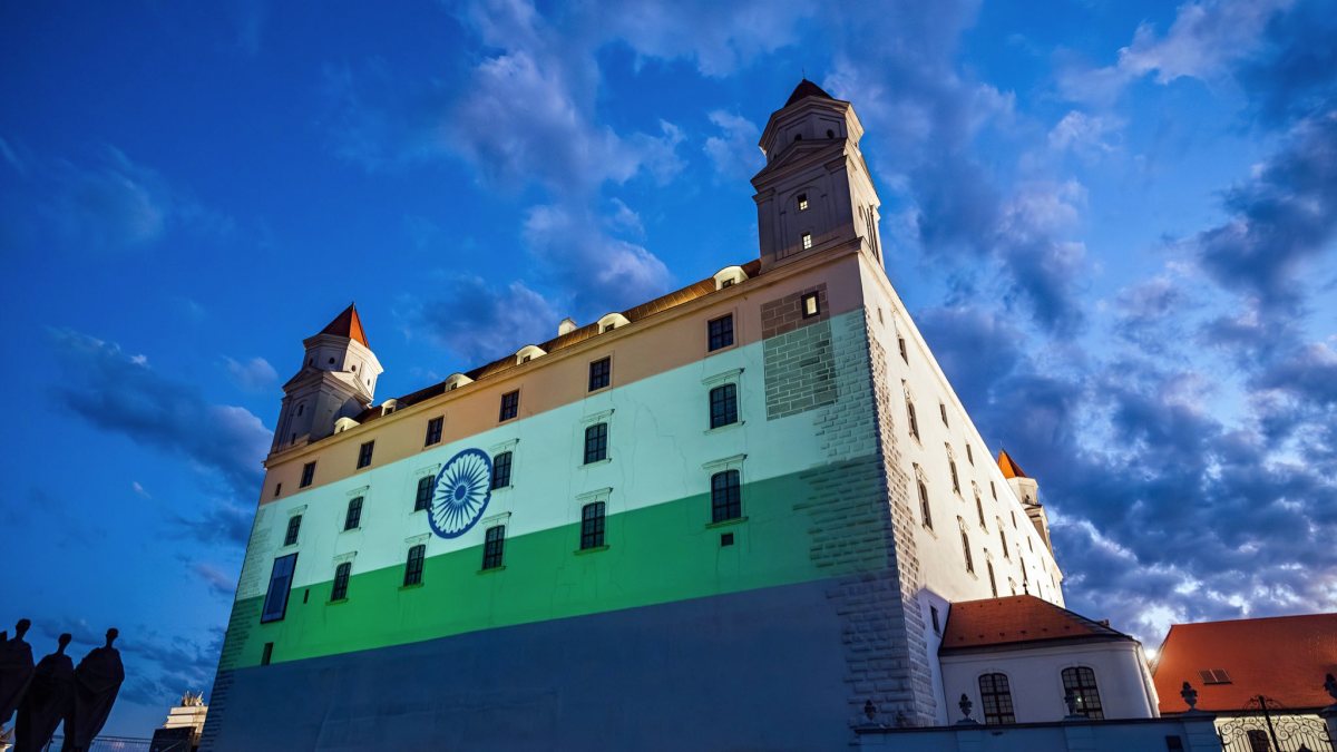 A view of Bratislava Castle as it illuminates in the colours of the Indian flag…