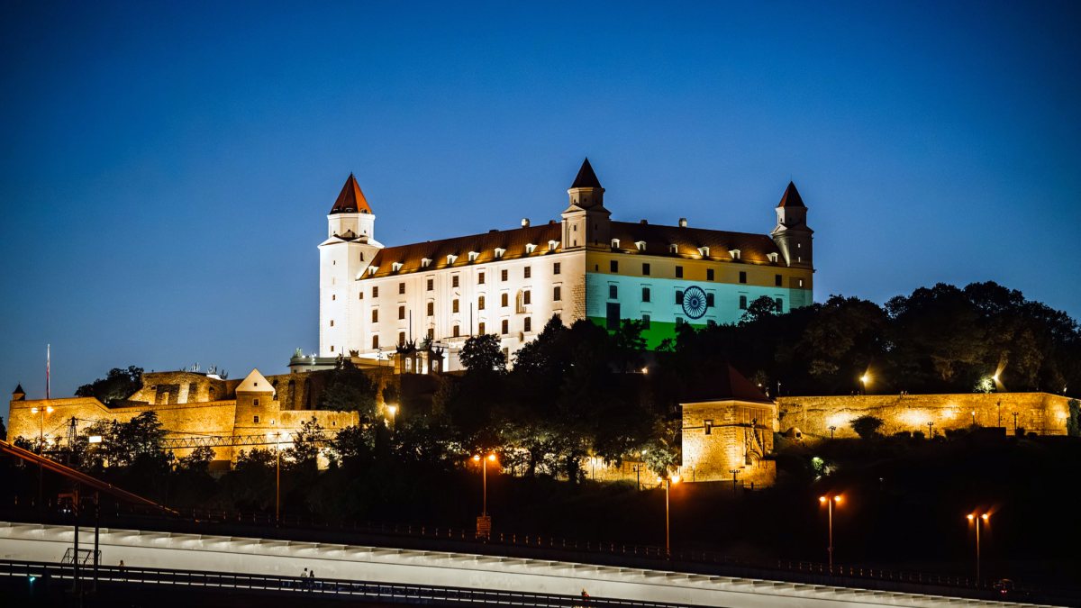A view of Bratislava Castle as it illuminates in the colours of the Indian flag…
