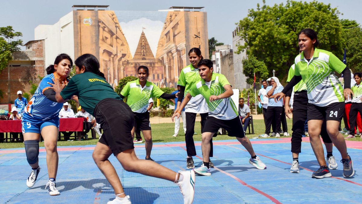 Police personnel in action during the state-level Police Kabaddi Cluster…