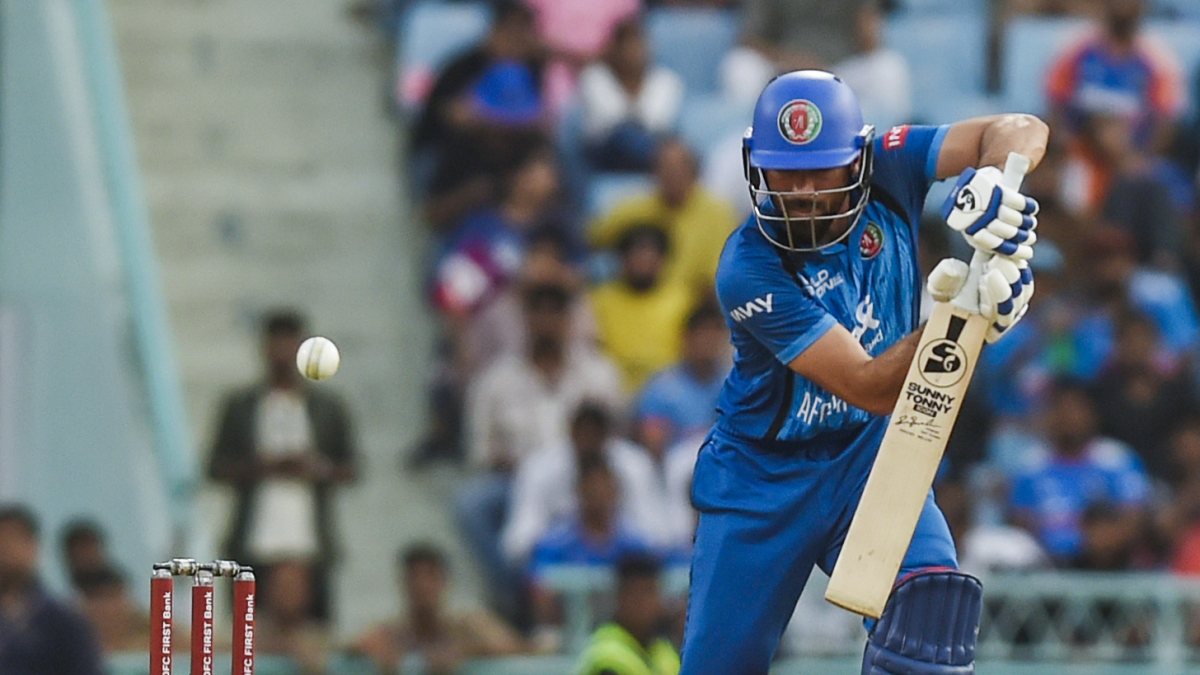 Ibrahim Zadran plays a shot in second ODI against India