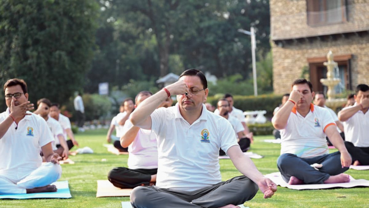 Uttarakhand Chief Minister Pushkar Singh Dhami participates in a yoga session…