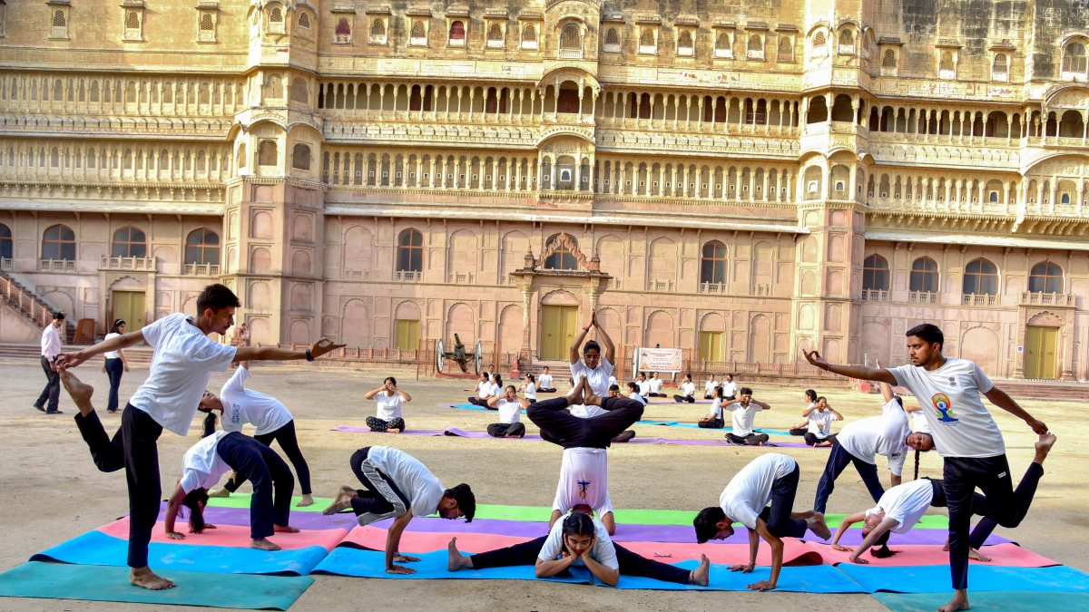 Ayurvedic students practice yoga at Junagarh Fort ahead of Yoga Day