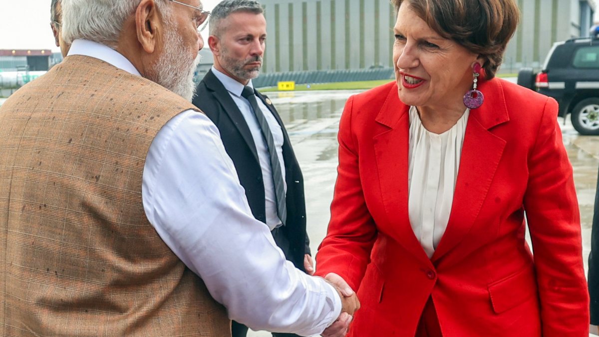 Prime Minister Narendra Modi shakes hand with France Minister Annie Genevard as…