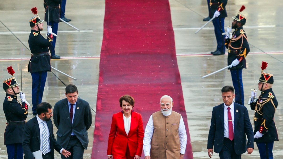 Prime Minister Narendra Modi with France Minister Annie Genevard as he departs…