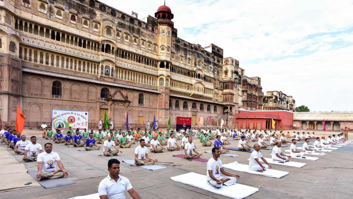 BSF personnel perform yoga at Junagarh Fort ahead of International Yoga Day