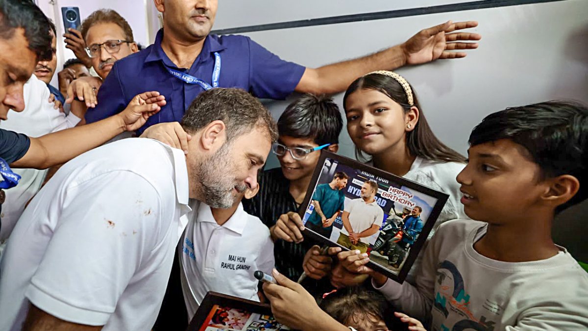 Lok Sabha LoP and Congress leader Rahul Gandhi interacts with children at the…