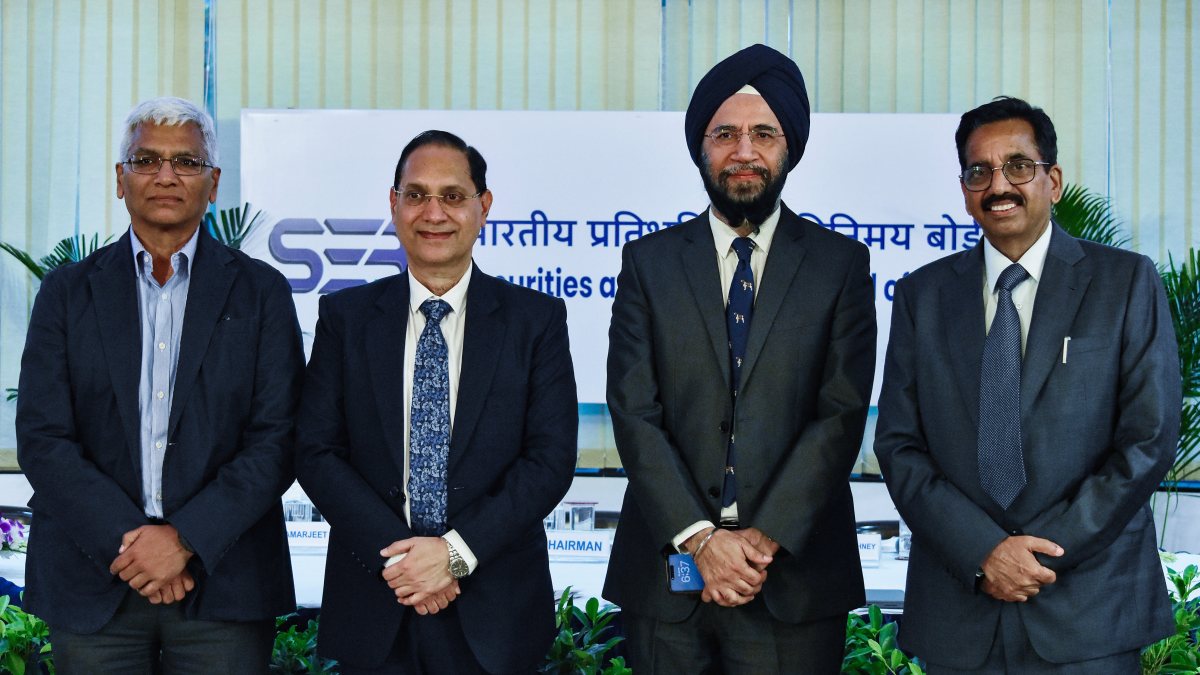 Sebi chair Tuhin Kanta Pandey with dignitaries at BKC press conference