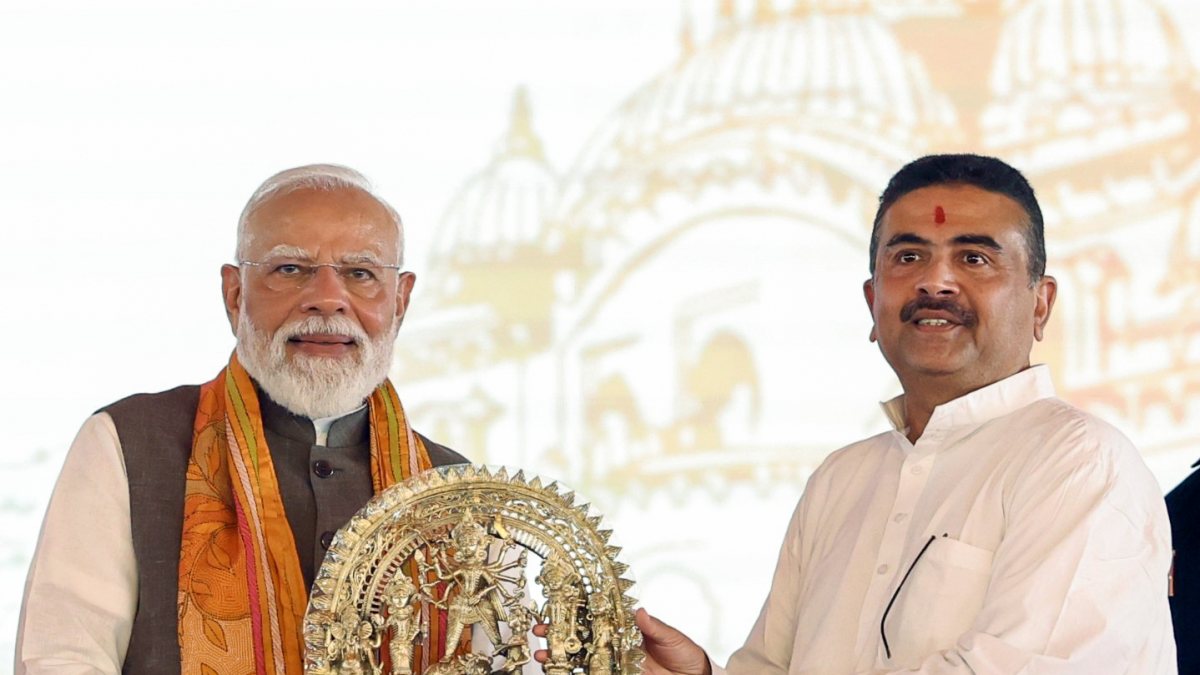 PM Modi felicitated by Suvendu Adhikari at Bengal Foundation Day event