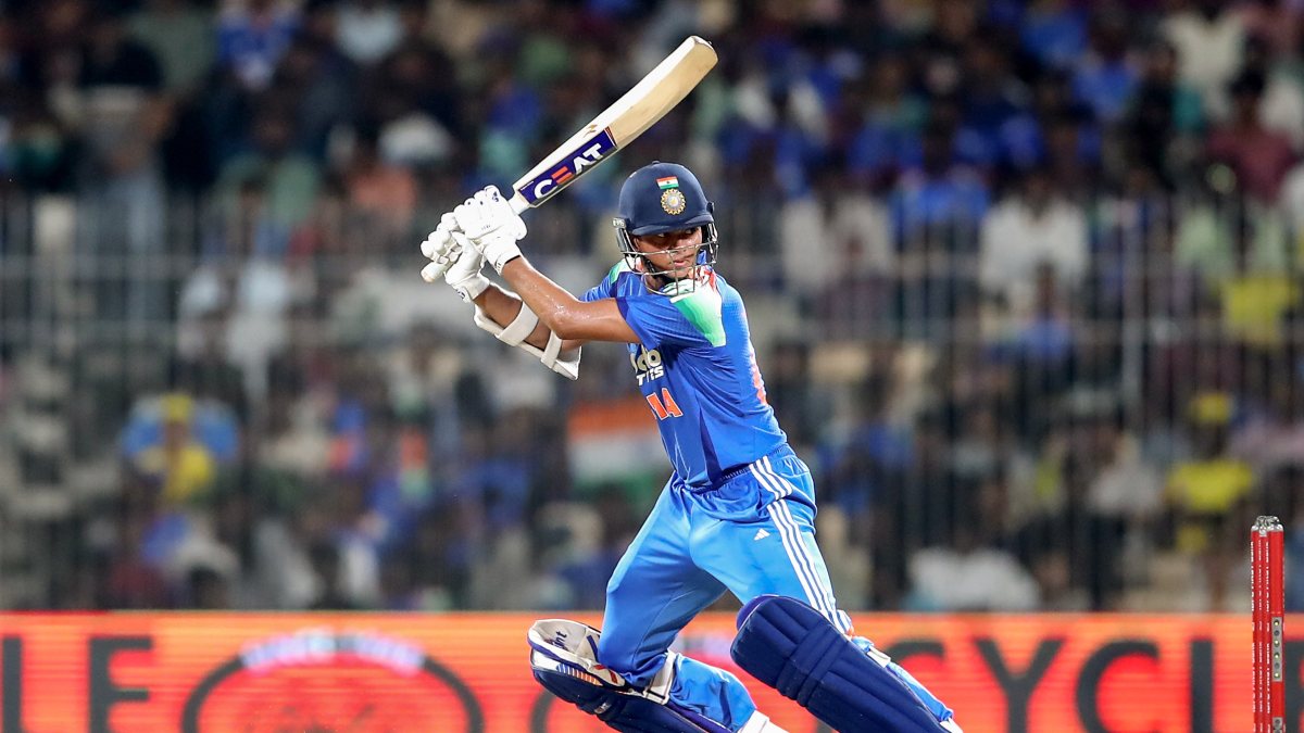 Yashasvi Jaiswal plays a shot in third ODI against Afghanistan