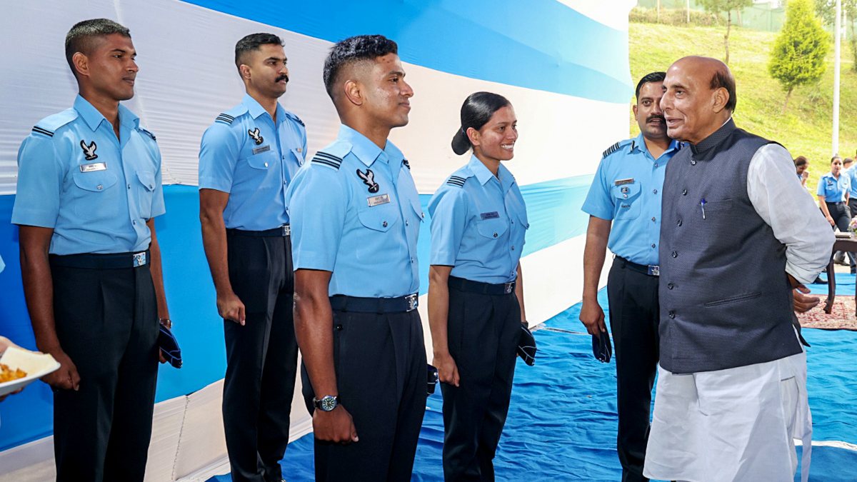 Rajnath Singh interacts with soldiers at Eastern Air Command in Shillong