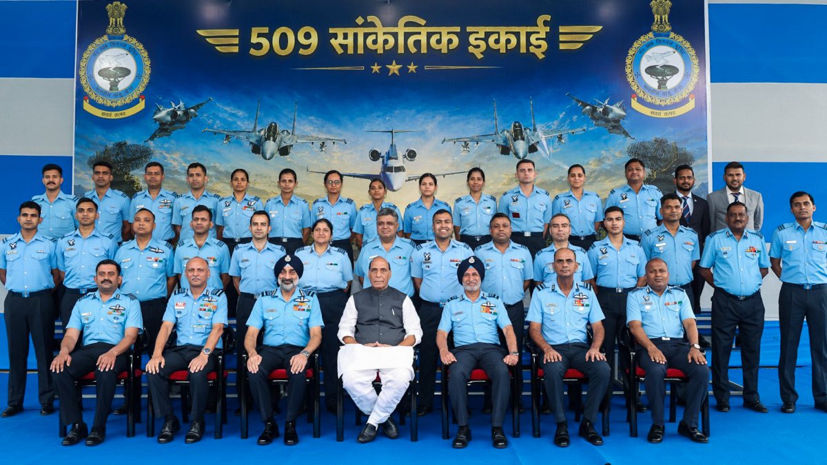 Union Defence Minister Rajnath Singh poses for a group picture with soldiers at…