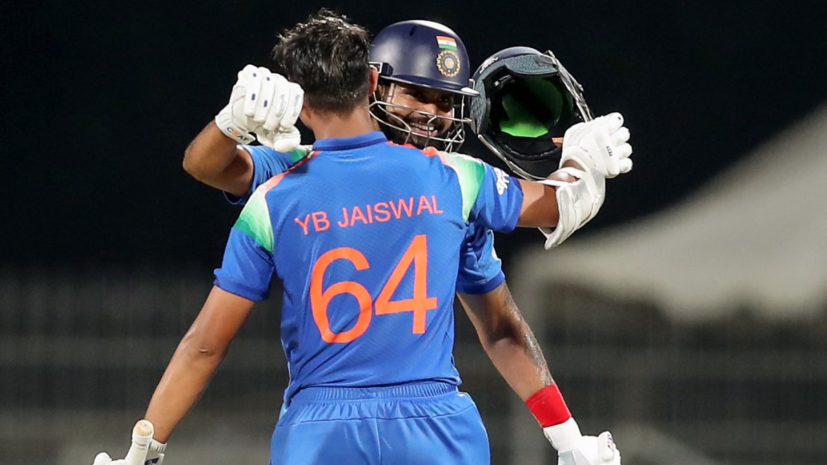 Yashasvi Jaiswal hugs Shreyas Iyer after scoring century in Chennai ODI