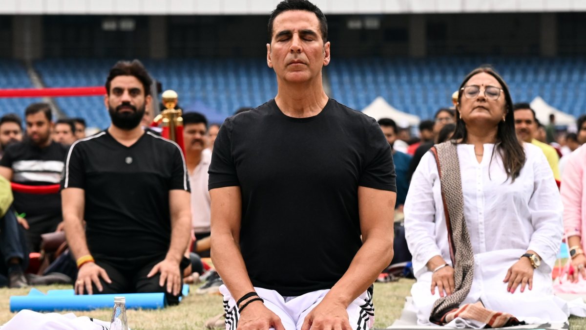 Bollywood actor Akshay Kumar takes part in a yoga session on the occasion of…