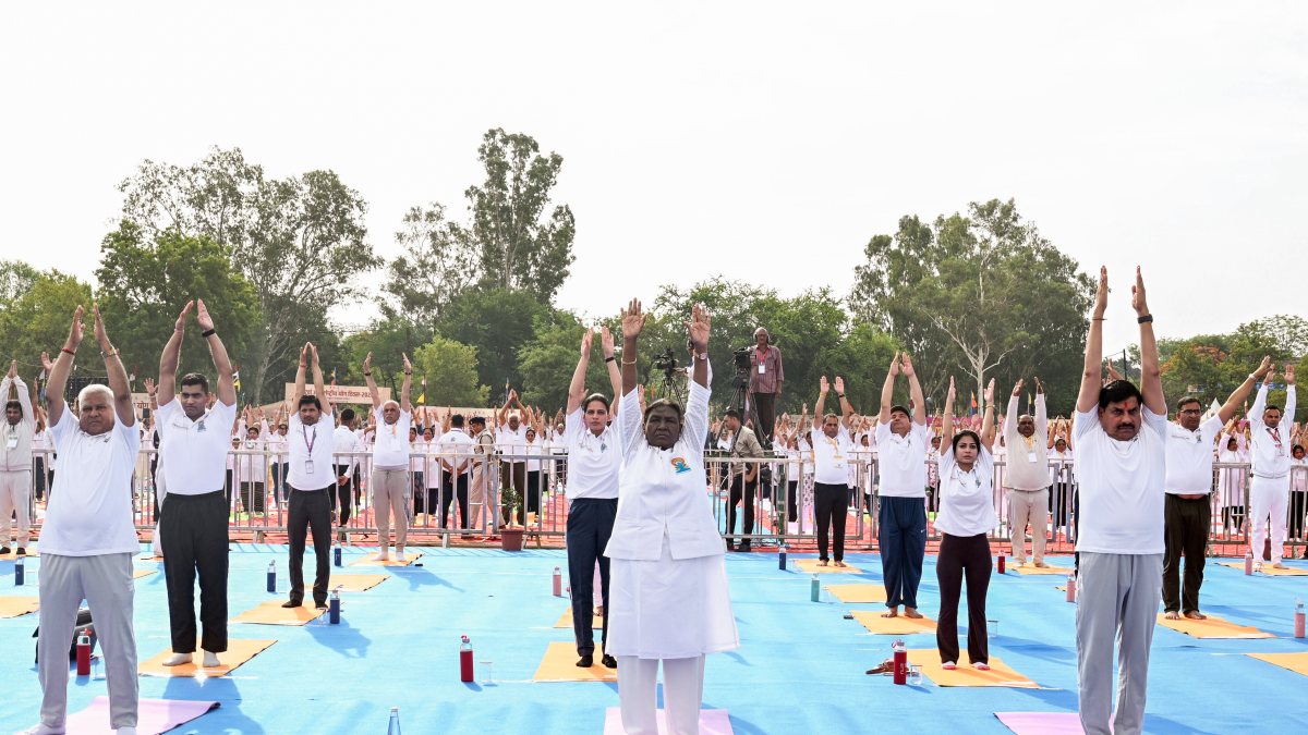 President Droupadi Murmu performs yoga on International Yoga Day in Jabalpur