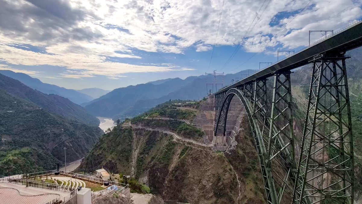 A view of the Chenab Rail Bridge, in Reasi on Sunday. (ANI Video Grab)