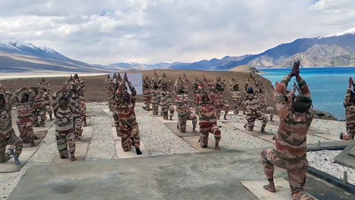 ITBP personnel perform yoga at Pangong Tso for International Day of Yoga