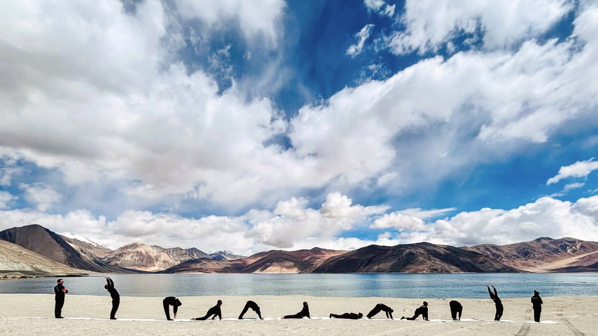 Troops practice yoga at Pangong Tso on International Yoga Day