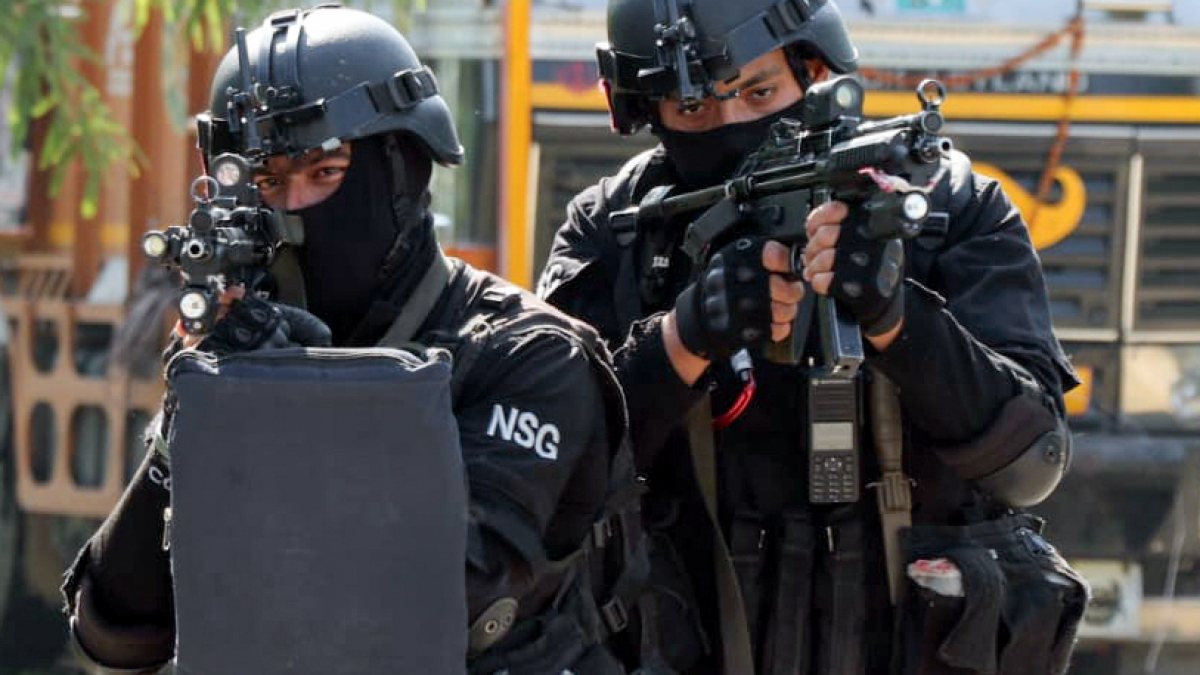 National Security Guard (NSG) personnel in action during a mock drill ahead of…