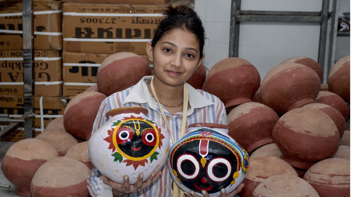 An artist shows the pots dedicated to Lord Jagannath as part of the Snan…
