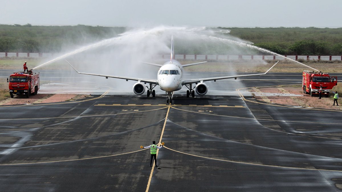 Inaugural Goa flight gets water cannon salute at Mundra Airport