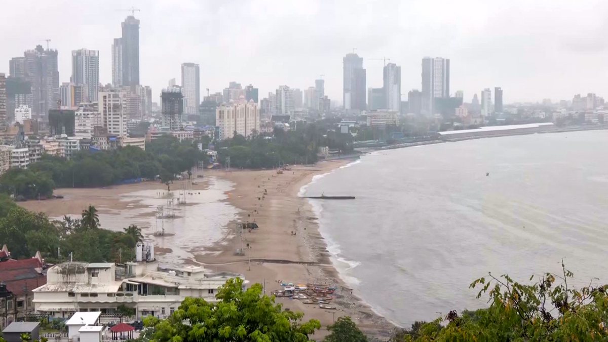 Aerial view of empty Mumbai beach amid heavy rain