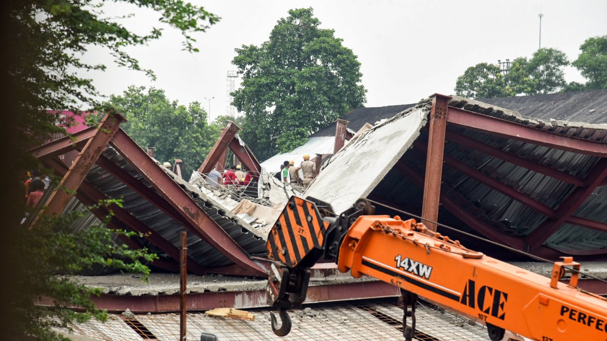 A view of the under-construction godown shed which collapsed in Taratala, in…