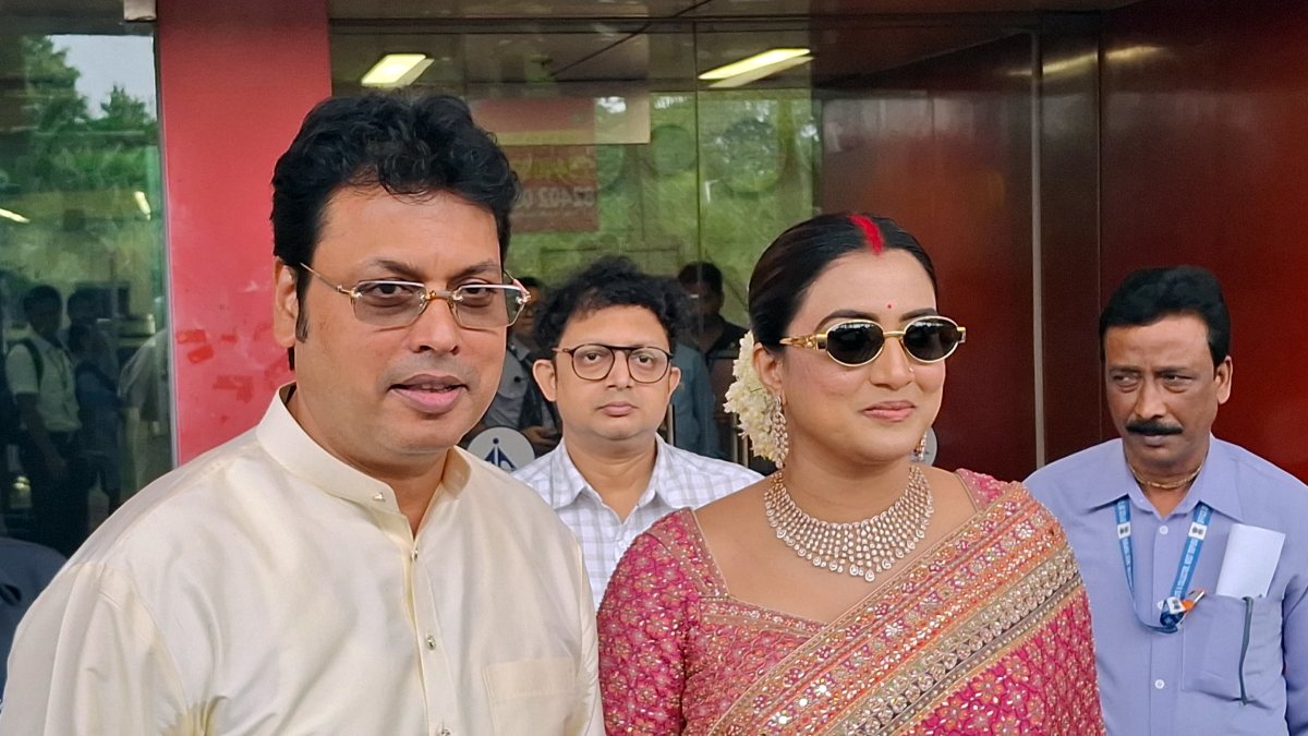 Former Tripura CM Biplab Deb arrives at Agartala airport with wife