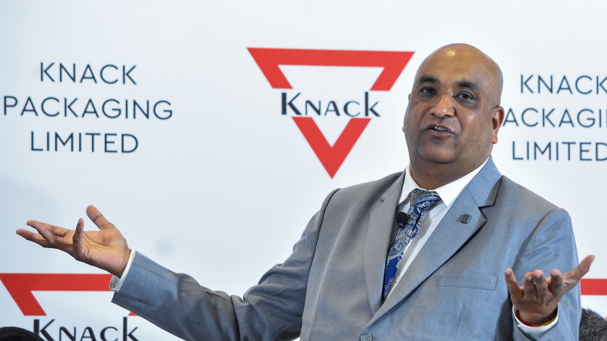 Knack Packaging CMD Alpesh Patel addresses press conference in Mumbai